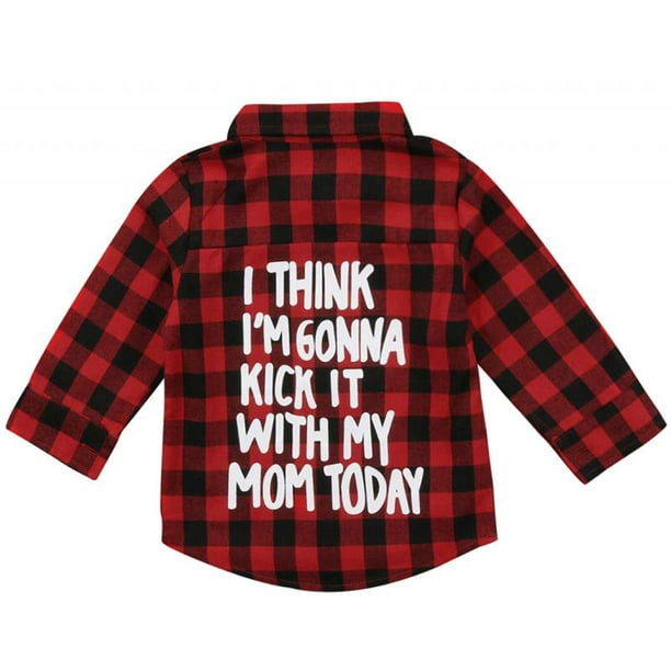 Kids Little Boys Girls Baby Letters Print Long Sleeve Button Down Red Plaid Flannel Shirt 